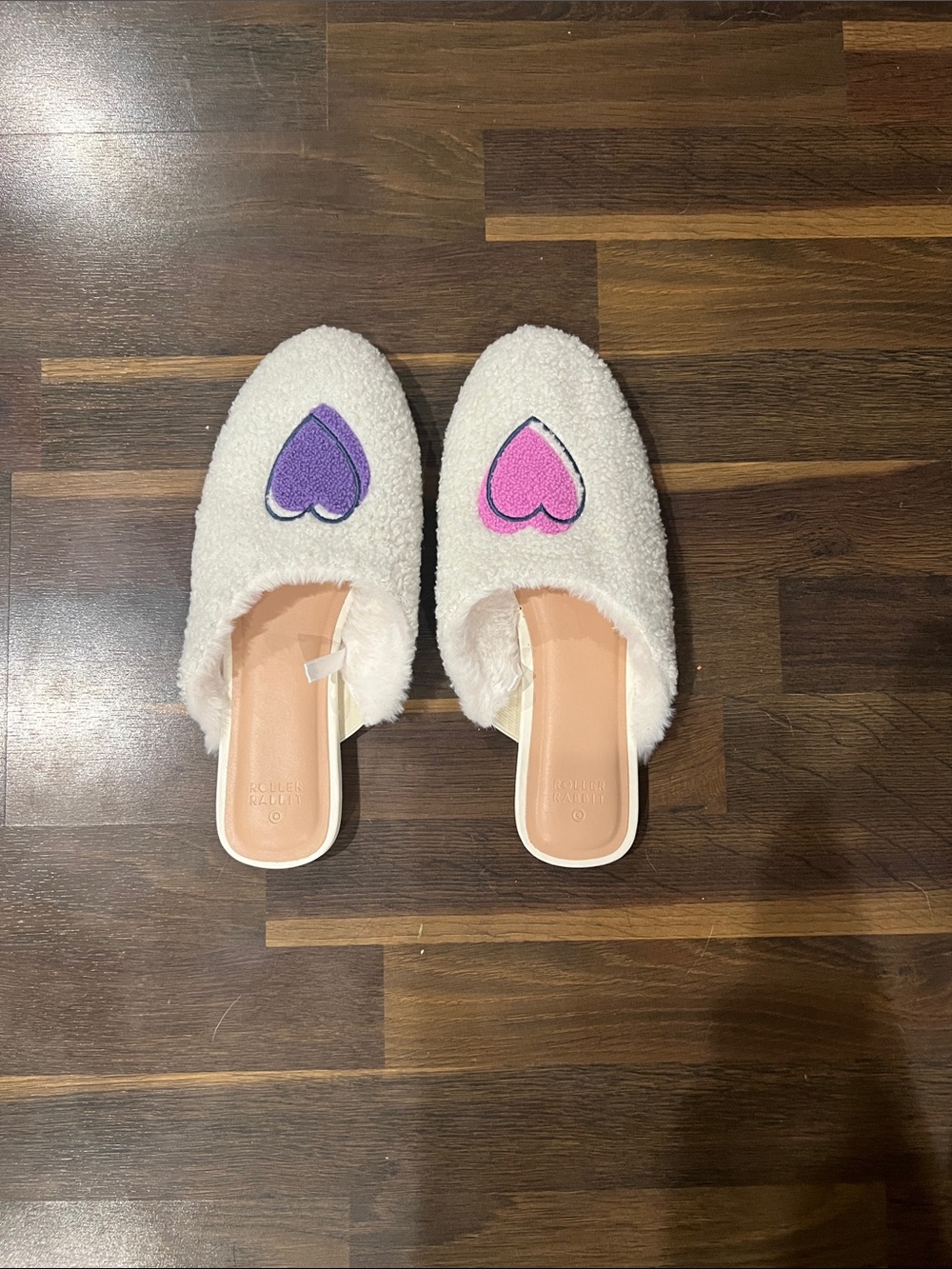 Roller Rabbit White Sherpa Slip-On Slippers with Pink and Purple Hearts